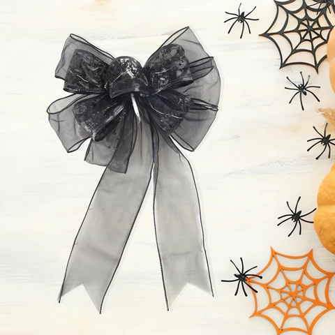 Grote Halloween Zwarte Gaas LED Lichtgevende Strik Hangende Decoratie Met Zilver Schedel Patroon Voor Thuis Feest