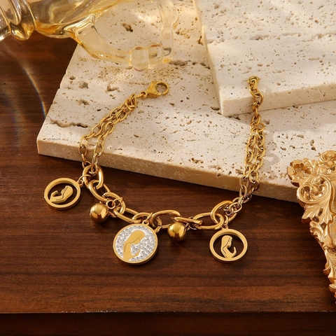 Flower Heart Charm Bracelet 18K Gold Plated Stainless Steel Rhinestone Inlaid Double Layer Chain Fashion Jewelry For Women