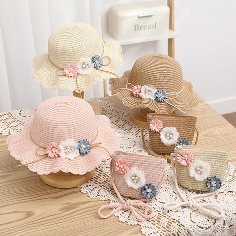 Girls Straw Sun Hat And Matching Crossbody Bag Floral Paper Woven Beach Vacation Breathable Summer Wide Wave Brim Sweet
