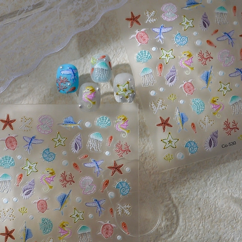Nail Art Stickers 5D Embossed Ocean Sea Creatures Shell Starfish Jellyfish 3D Relief Self Adhesive DIY Decoration