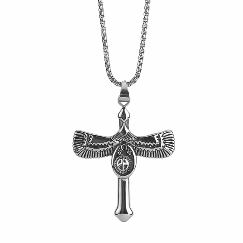 Vintage Winged Ankh Cross Pendant Necklace Stainless Steel Harajuku Style Egyptian Peace Symbol Jewelry For Men Women