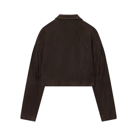 Women Faux Suede Fringe Jacket Short Western Tassel Coat Vintage Bohemian Lapel Zipper Brown Long Sleeve Outerwear
