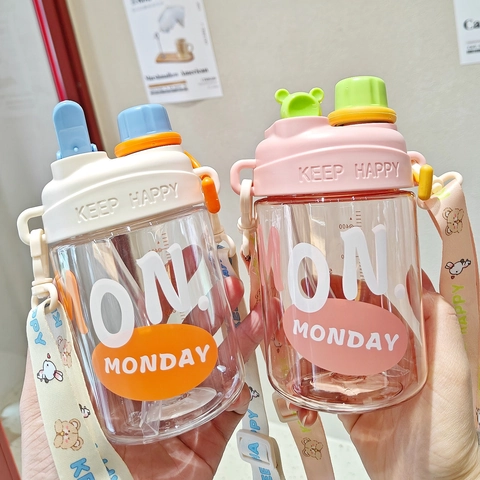 Children Straw Water Bottle Plastic Portable Double Drink Cup With Adjustable Crossbody Strap Cartoon Leakproof Outdoor