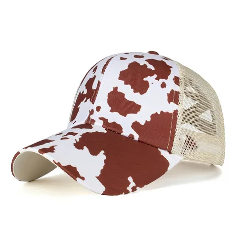 Women Cow Print Ponytail Baseball Cap Breathable Mesh Trucker Hat Adjustable Cotton Polyester Crisscross
