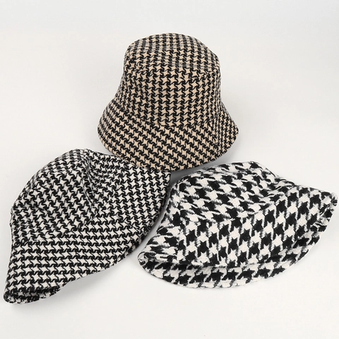 Vintage Houndstooth Bucket Hat Thickened Warm Winter Tweed Retro Fashion Accessory For Women