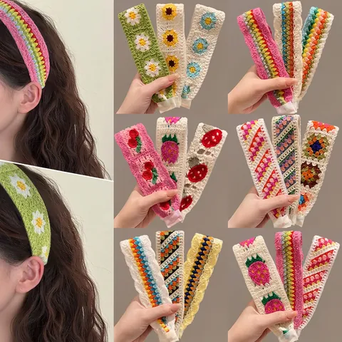 Handmade Crochet Knitted Hairband Magic Tape Broken Hair Finishing Tool French Vintage Floral Headband For Girls Kids