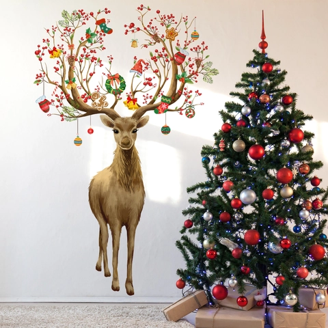 Christmas Reindeer Wall Stickers PVC Decorative Decals With Bells Socks Patterns For Living Room Bedroom Home Wall Decor