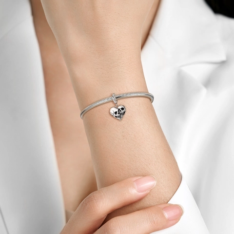 Gothic 925 Sterlingsilber Herz Doppel Totenkopf Anhänger Mit Strass DIY Schmuckherstellung Charm Zubehör Für Armbänder Damen