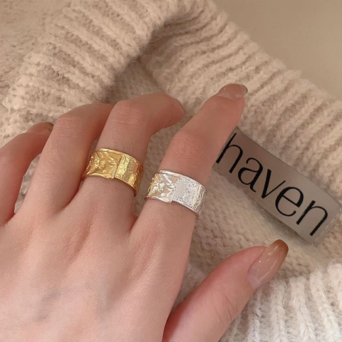 925 Sterling Silver Adjustable Open Ring Irregular Crumpled Texture Wide Band Minimalist Hammered Finish Commuter Women