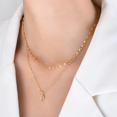 Double Layer Necklace Stainless Steel Gold Plated Copper Initial Letter Pendant Cubic Zirconia Clavicle Chain For Women