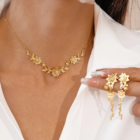 Elegante Bloemen Blad Ketting En Oorbellen Legering Rijststeen Met Zilveren Oorsteker Vintage Sieraden Voor Dames