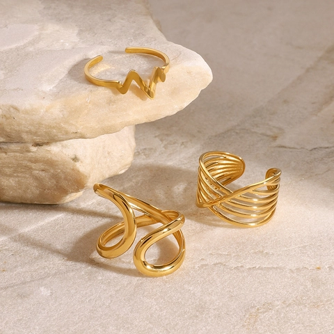 Bagues Géométriques En Acier Inoxydable Plaqué Or 18K Minimaliste Ajustable Vague De Battement De Coeur Pour Femmes
