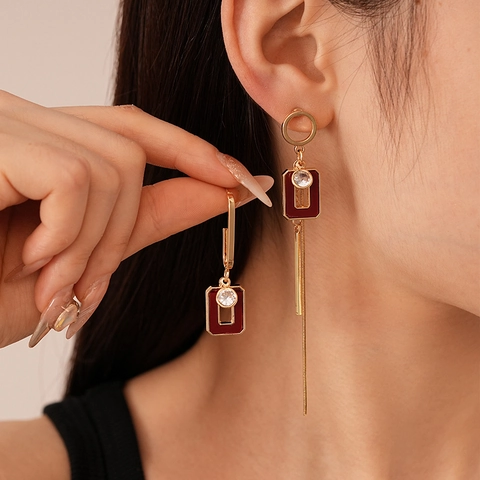 Asymmetric Geometric Tassel Earrings Alloy Acrylic Rhinestone Retro Minimalist With Silver Earring Post For Women