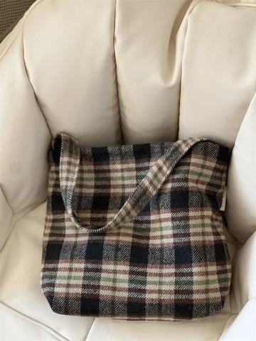 Vintage Καρό Μάλλινη Τσάντα Ώμου Τσάντα Tote Για Γυναίκες Φθινόπωρο Χειμώνας Casual Αισθητική