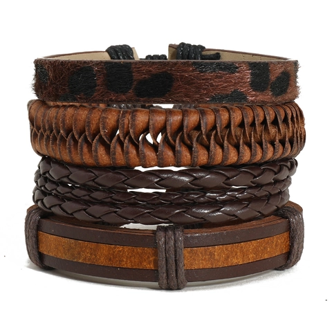 Vintage Braided Leather Bracelets For Men Leopard Print PU Leather Hand Woven Bohemian Punk Style Wristbands Adjustable Cord