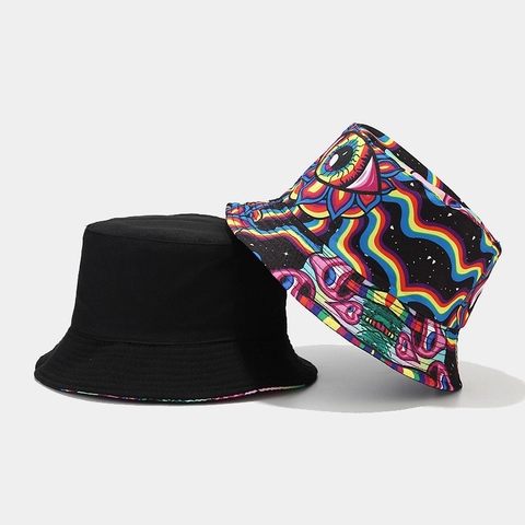Wende-Anglerhut Polyester Pilzdruck Psychedelisches Auge Totenkopf-Muster Outdoor Sonnenschutz Streetwear Mode Fischerhut