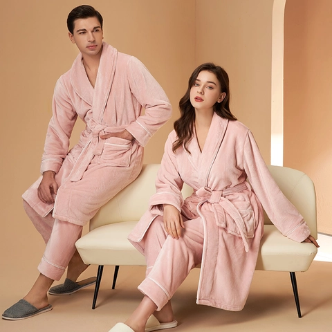 Flannel Robe And Pants Pajama Loungewear Thickened Winter Warm Shawl Collar Contrast Piping For Men Women Couples