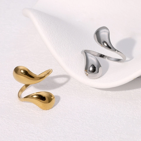 Minimalist Double Waterdrop Open Ring Stainless Steel Gold Plated Adjustable Teardrop Statement Fashion Jewelry For Women