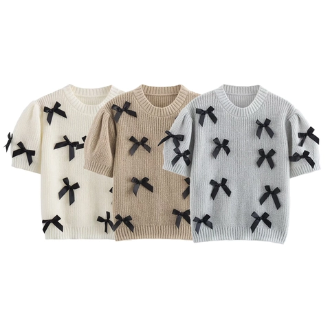 Haut En Tricot À Manches Courtes Pour Femmes Col Rond Manches Bouffantes Pull Ajusté Avec Décoration De Nœuds Noirs