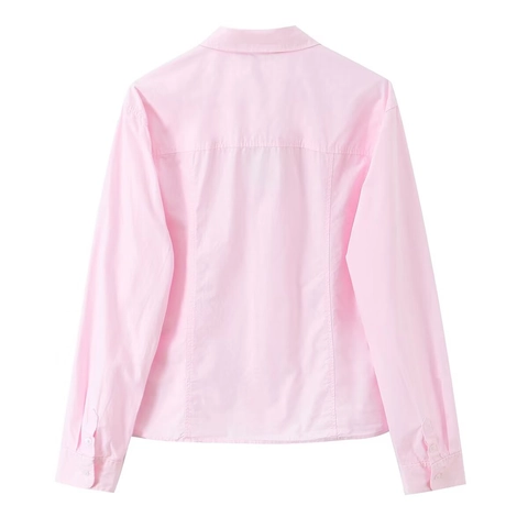 Camisa De Mujer De Manga Larga De Poliéster Algodón Popelín Cuello De Solapa Color Sólido Rosa Elegante