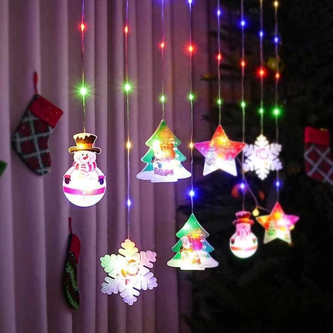 Weihnachts LED Vorhang Lichter PVC Anhänger Stern Schneemann Baum Festliche Fenster Dekoration Haus Urlaub Party Beleuchtung