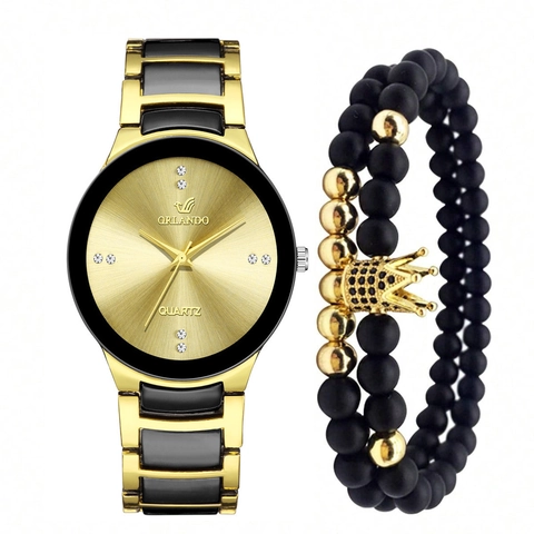Orologio Da Polso Al Quarzo Da Uomo E Braccialetti Di Perline Lusso Strass Quadrante Rotondo Cinturino In Acciaio