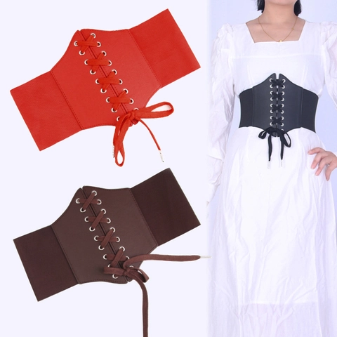 Cinturón de Corsé Elástico Vintage para Mujer Cinturilla Ancha de Cuero Artificial con Cordones Cinturón Retro Elástico para Vestidos