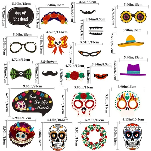 Day Of The Dead Photo Booth Props Paper Handheld Decorative Masks Dia De Los Muertos Mexican Party Colorful Skull Floral