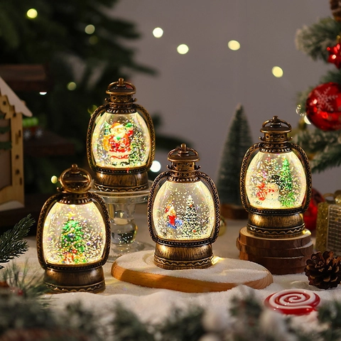 Lanterne Di Natale Retrò Palla Di Neve Con Luce LED Finitura Bronzo PVC Resina Babbo Natale Pupazzo Di Neve Decoro