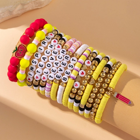 Pulsera De Agradecimiento Para Profesores Joyería De Cuentas Heishi De Arcilla Polimérica Con Dije De Manzana De Aleación