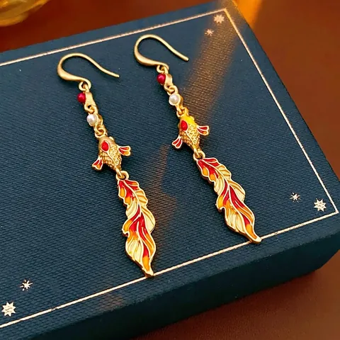 Orecchini Pendenti Carpa Koi Vintage Con Smalto Perla Artificial Sintetica E Perno In Argento Stile Cinese Per Donne