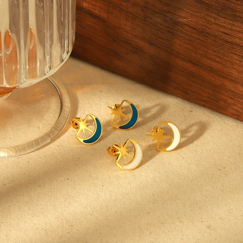 Orecchini A Lobo Stella Luna Celestiale Placcati Oro 18K Acciaio Inossidabile Smalto Gioielli Per Donne