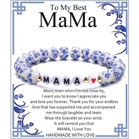 Bracciale di Perline in Ceramica Blu E Bianco Per Donna Fatto a Mano Lettera MAMA GRANDMA Cuore Elastico Gioielli Regalo