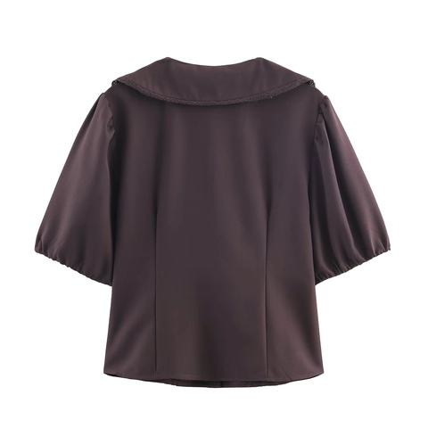 Women Vintage Coffee Short Puff Sleeve Blouse With Peter Pan Collar And Lace Trim Pin-Tuck Solid Color Button Up Top