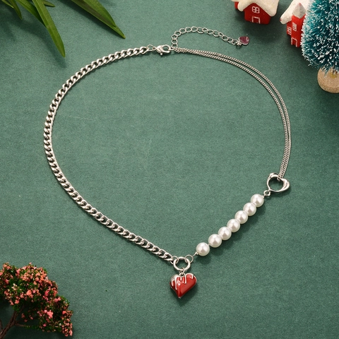 Heart Pendant Necklace Alloy Faux Artificial Pearl Enamel Smiley Face OT Buckle Trendy Jewelry For Women