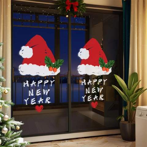 Christmas Window Sticker Happy New Year Static Cling PVC Decal Reusable Double Sided Glass Door Shop Home Decor