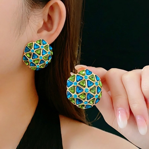 Geometric Round Stud Earrings With Alloy Rhinestone And Silver Earring Post Vintage Luxury Mosaic Design For Women Retro Style