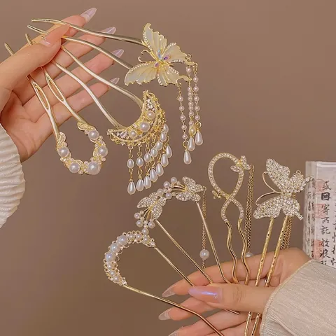 Elegant Artificial Pearl Hair Sticks For Women Vintage Butterfly Flower U Shaped Alloy Hair Fork Tassel Rhinestone Hair Comb Accessories