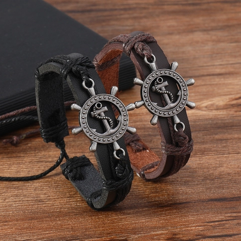 Retro Braided Leather Wax Wire Bracelet With Alloy Rudder Anchor Charms Adjustable Nautical Wristband For Men