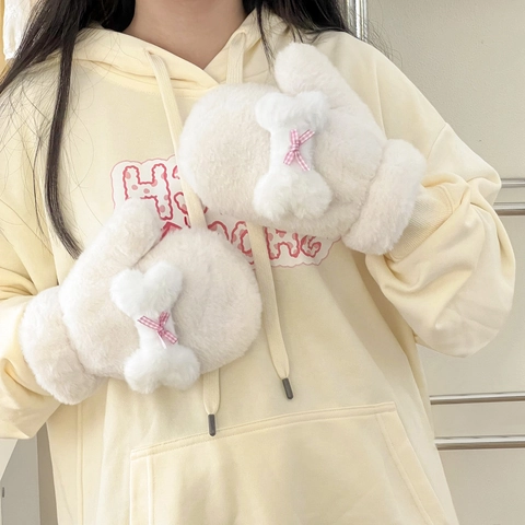 Winter Plush Mittens Faux Fur Thickened Warm Windproof Hanging Neck Strap Bow Bone Decor Cute For Women