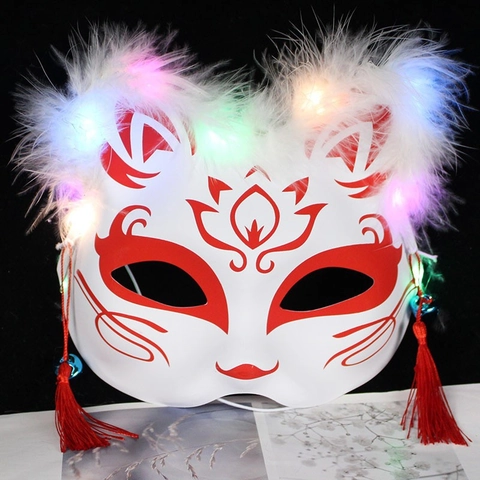 Máscara De Zorro Japonés Con Luces LED Plumas Borla Campana Cosplay Anime Máscara Para Fiesta