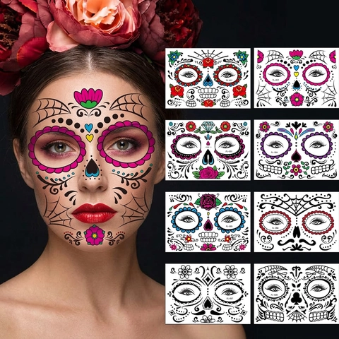 Halloween Gesicht Tattoo Aufkleber Tag Der Toten Zucker Schädel Wasserdicht Temporäres Make Up Requisiten Für Maskenball