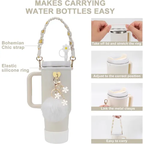Water Bottle Accessories Silicone Boot Straw Cover Woven Strap Pom Pom Flower Heart Charms For Large Tumbler Cup Decor