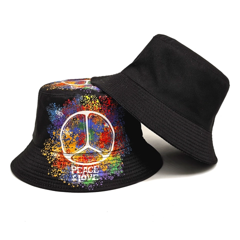 Graffiti Bucket Hat Polyester Reversible Peace And Love Sun Protection Streetwear Retro Hip Hop Unisex