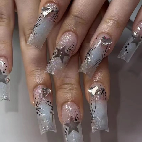 Uñas Postizas Largas Cuadradas Degradado Azul Patrón Estrella Diamantes Corazón Estilo Y2K Mujeres