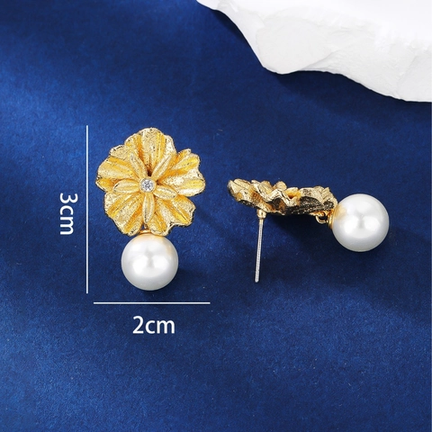 Elegant Flower Artificial Pearl Drop Earrings Gold Plated Copper Textured Petal Zircon Jewelry For Women Formal Accessories