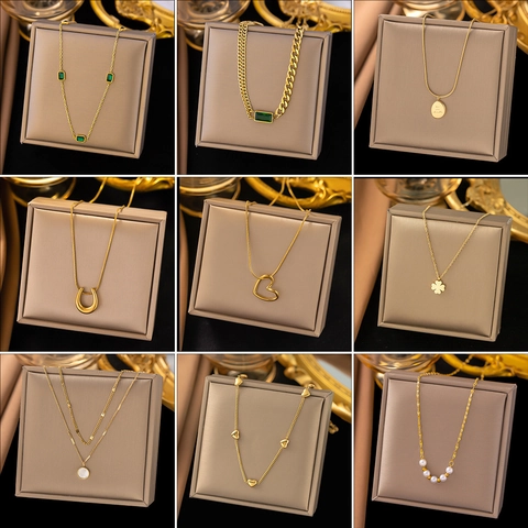 Collar Con Colgante De Acero De Titanio Chapado En Oro Perla Artificial Circonita Cadena De Clavícula Elegante Joyería Regalo Para Mujer
