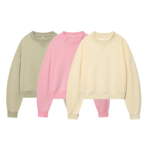 Women Solid Color Crewneck Sweatshirt Cotton Polyester Knitted Pullover Drop Shoulder Loose Fit Casual Streetwear Top