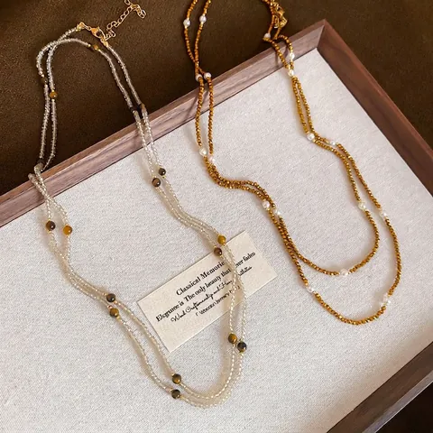 Collana Perline Occhio Di Tigre Perla Artificial Imitazione Donna Lunga Catena Acciaio Inossidabile Rame Vetro Gioielli Elegante Accessorio Maglione