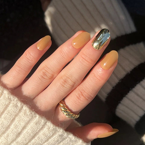 Unghie Press On Dorate Galvanizzate E Cachi Nude Forma Ovale Rotonda Lucida Unghie Artificiali Per Manicure Fai Da Te